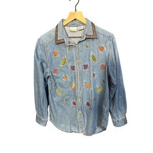 Bobbie‎ Brooks Denim Shirt With Fall Leaf Embroidery & Paisley Collar S
